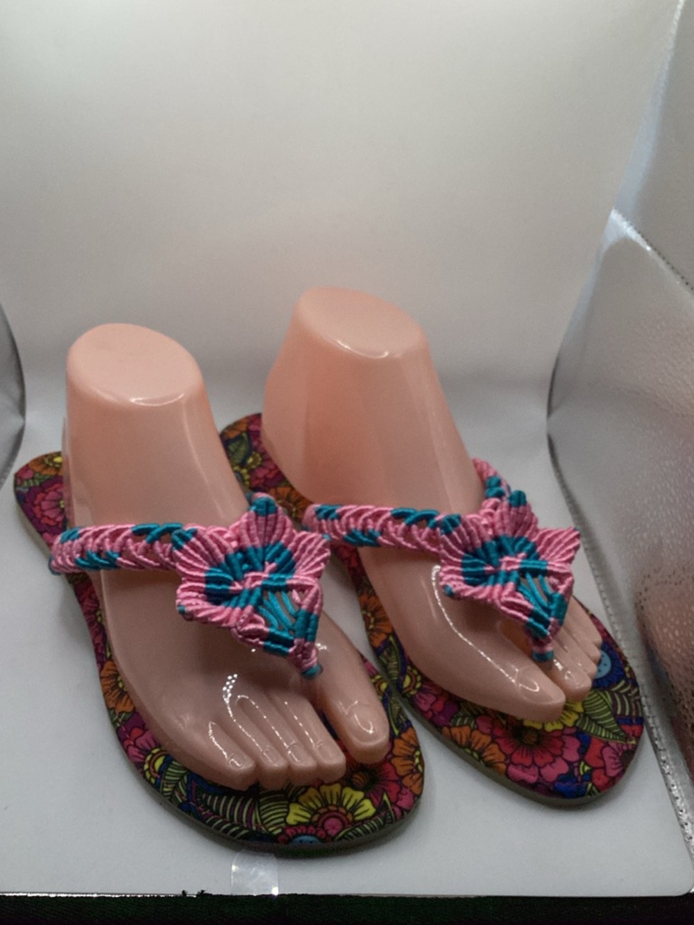 Pink and Teal Braided Floral Thong Sandals Flip Flops